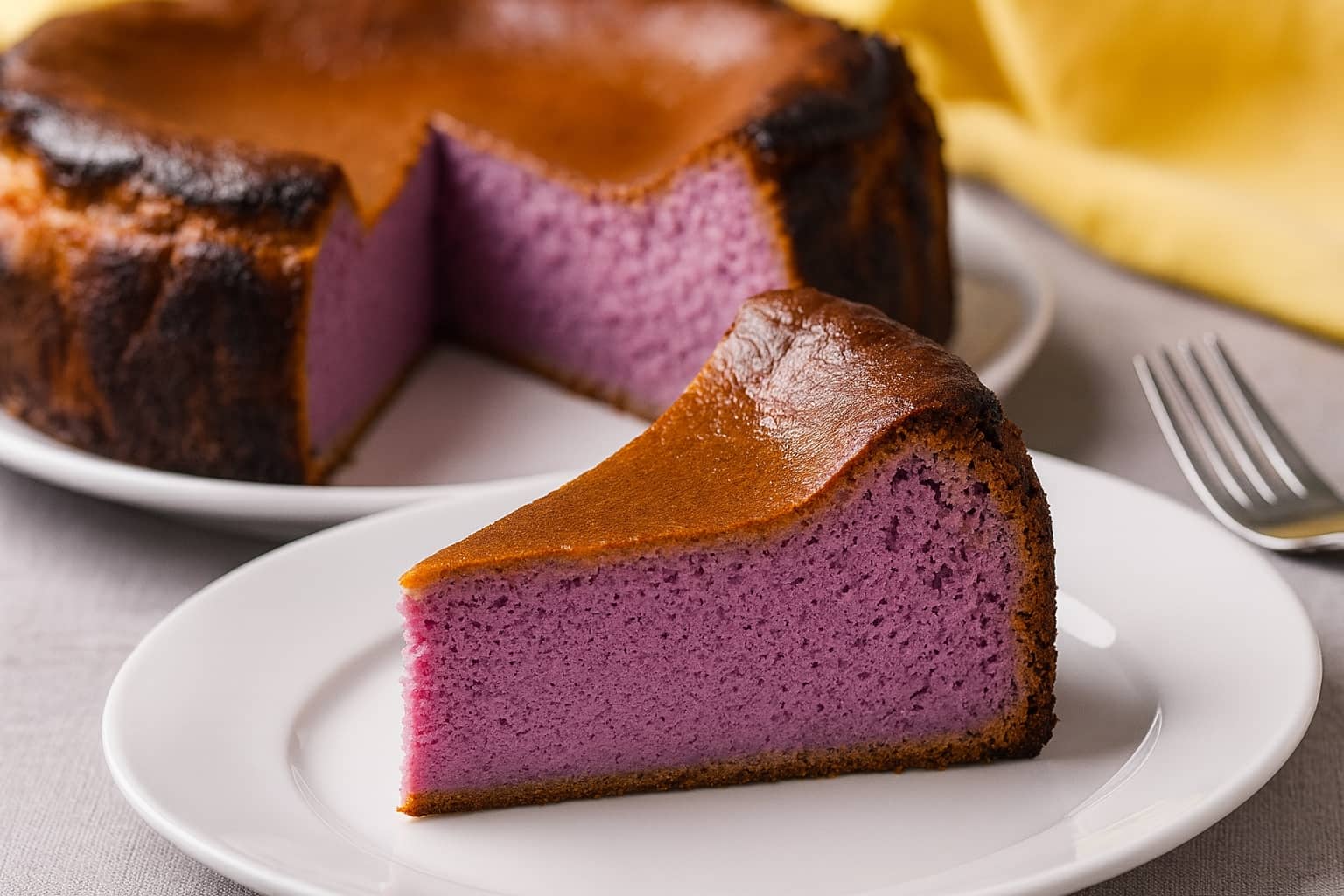 Cheesecake basque à l'ube, dessert violet riche et crémeux - Domaine du Thé