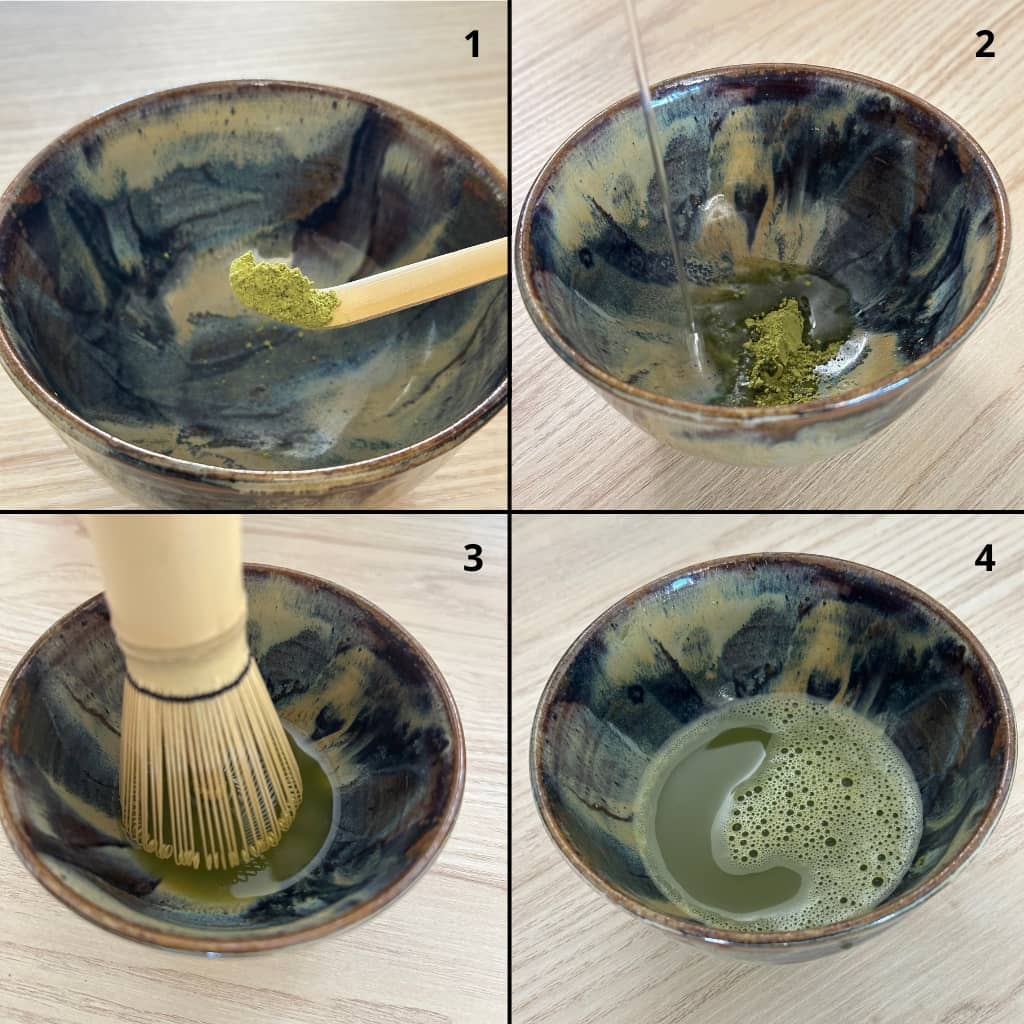 Guide de préparation du thé matcha avec fouet, cuillère et bol - Savoir comment préparer du matcha - Domaine du Thé