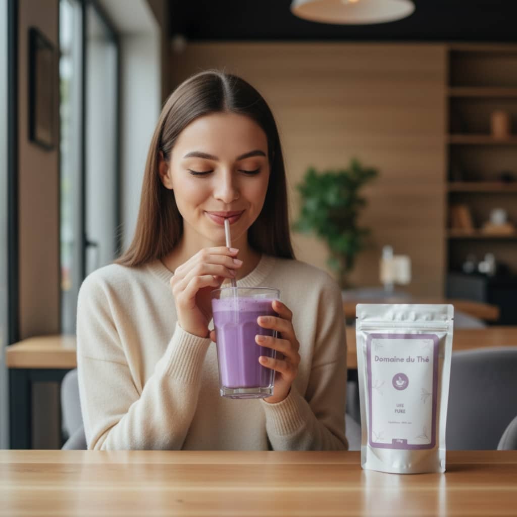 Iced ube latte : boisson glacée violette avec mousse de lait - Domaine du Thé