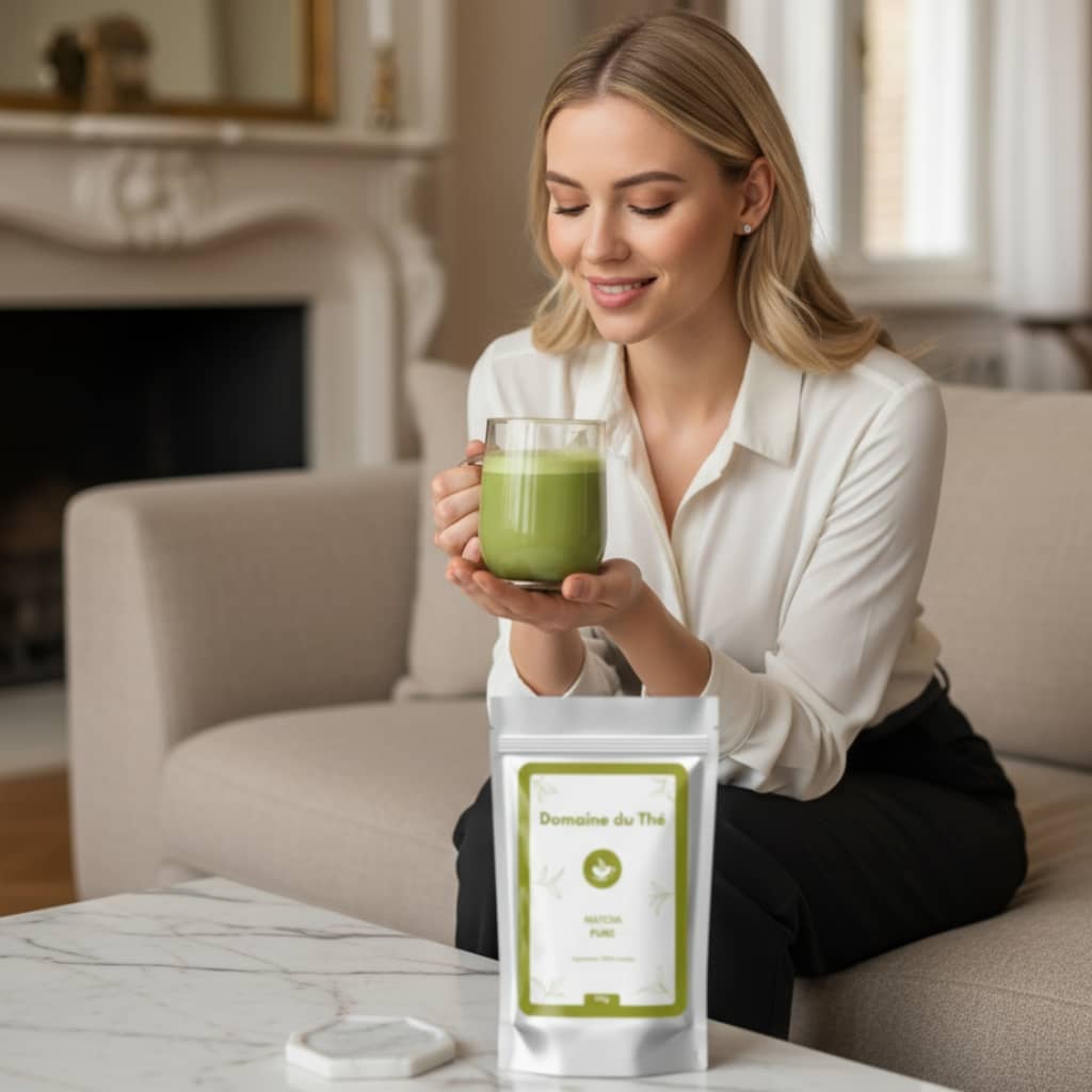 Latte matcha maison crémeux servi dans une tasse esthétique clean girl - Domaine du Thé