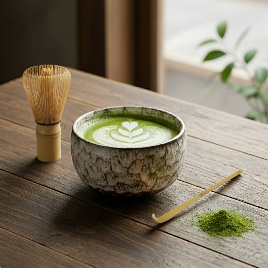 Matcha avec chashaku en bambou, préparation cérémoniale