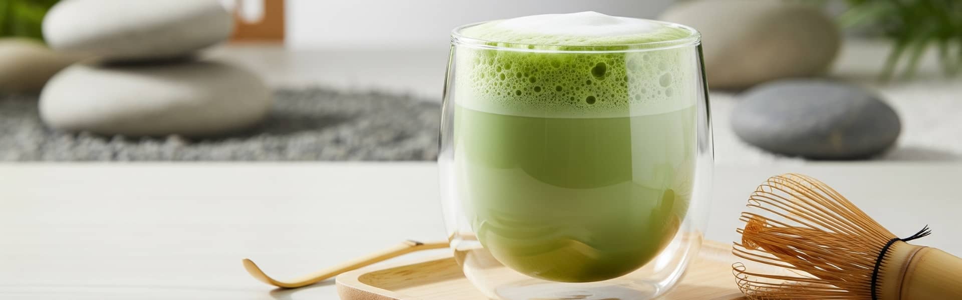Matcha latte onctueux avec fouet et cuillère à matcha, boisson green tendance - Domaine du Thé
