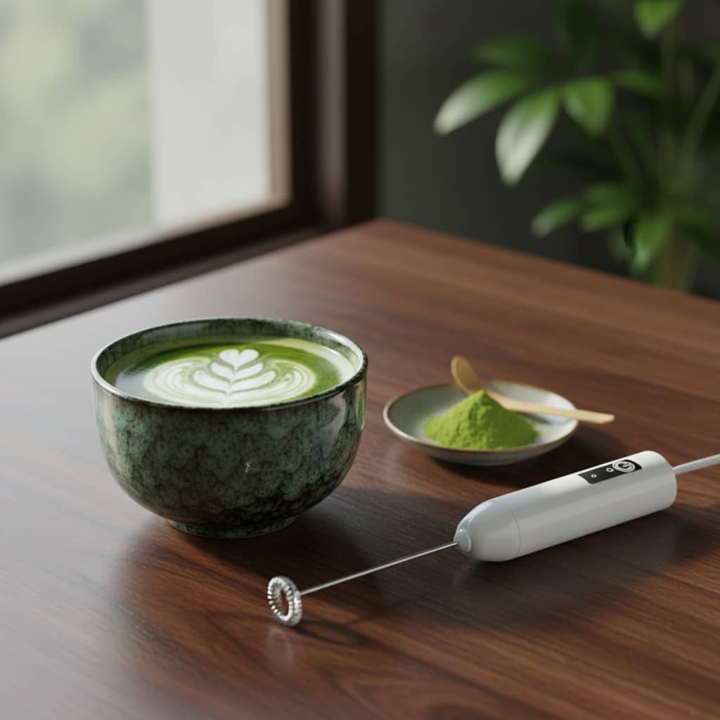 Mousseur à lait électrique blanc pour matcha et latte ubé crémeux