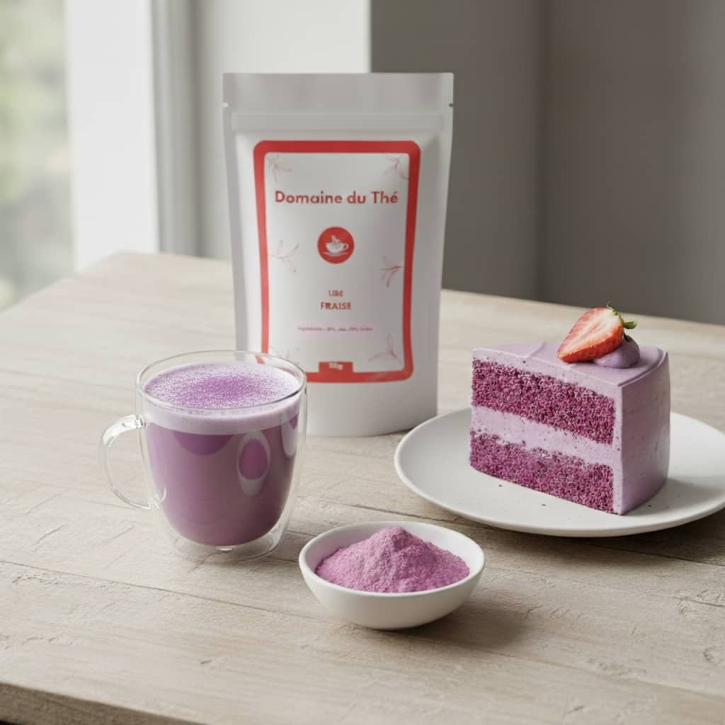 Recette colorée healthy avec poudre d'ube fraise, boisson rose vitaminée - Domaine du Thé