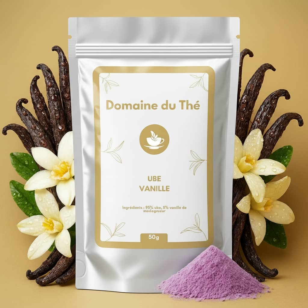 Poudre d'ube vanille premium avec gousses de vanille, super‑aliment violet pour boissons et pâtisserie