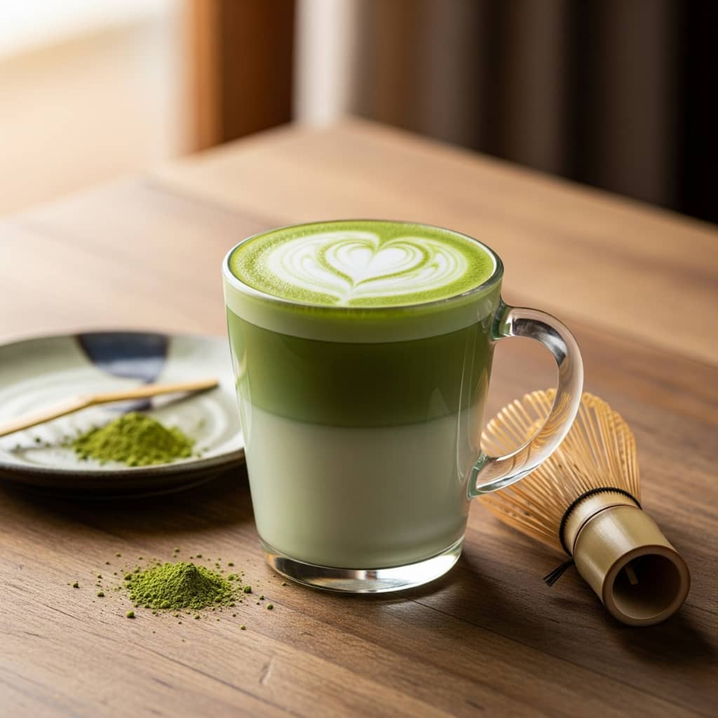 Préparation matcha latte : fouet, cuillère et bol pour réaliser un latte mousseux - Domaine du Thé