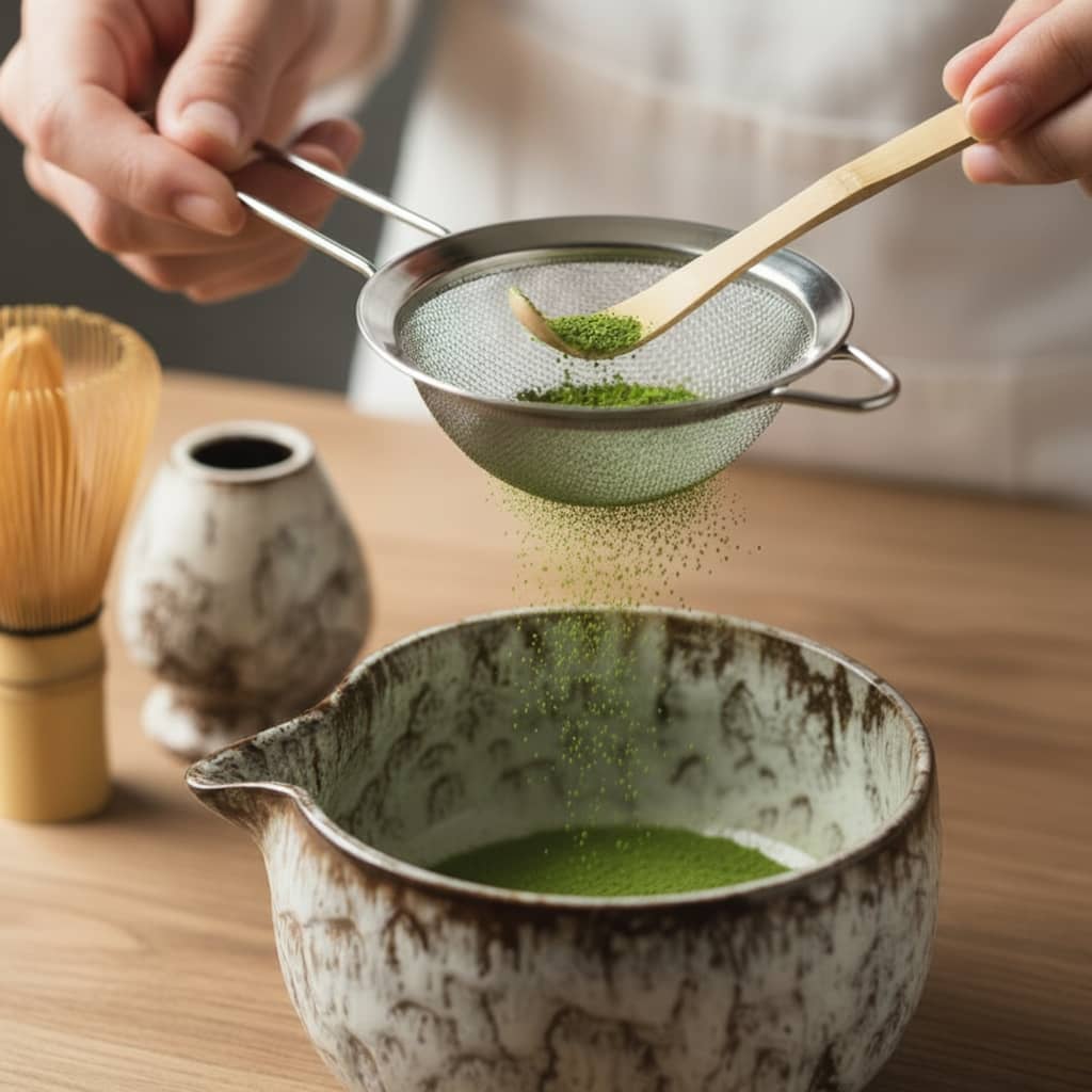 Préparation traditionnelle du thé matcha avec fouet chasen dans un bol chawan - Domaine du Thé