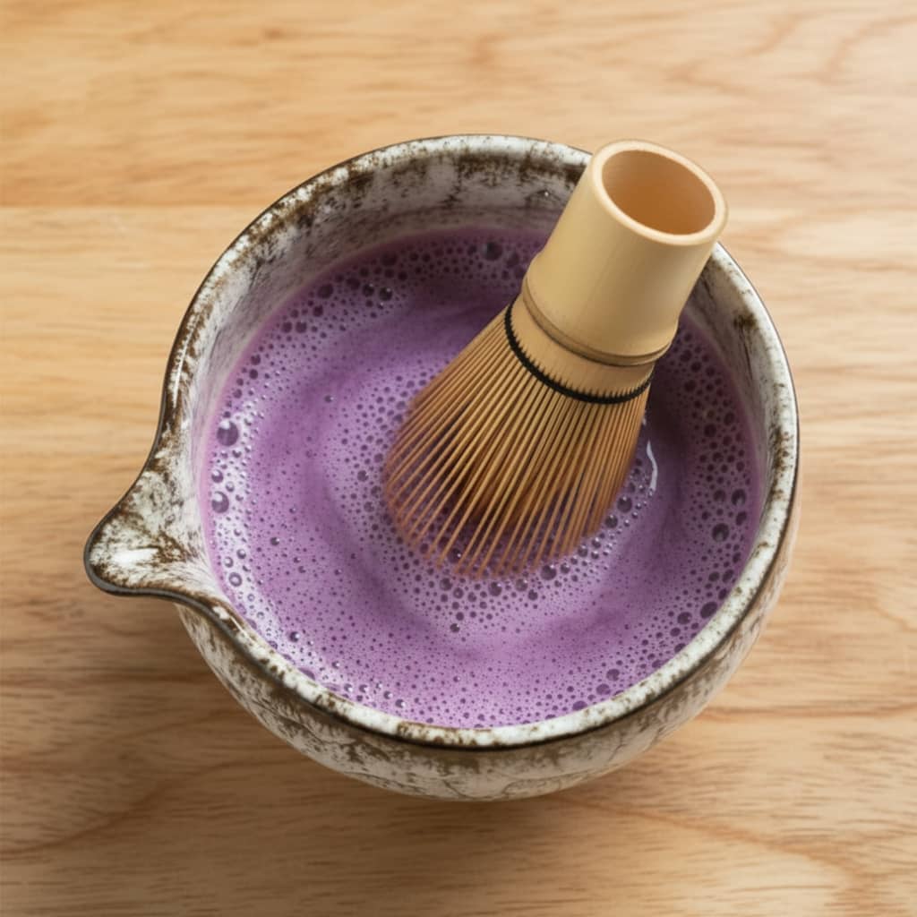 Préparation d’un latte à l’ube dans un bol chawan japonais – boisson violette tendance - Domaine du Thé
