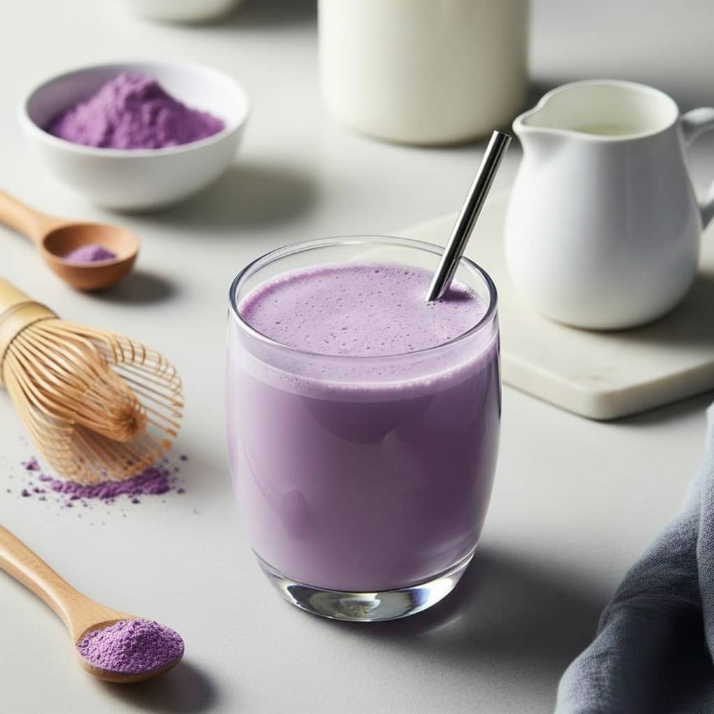 Préparation ube latte blend, latte violet mélangé avec patate douce - Domaine du Thé