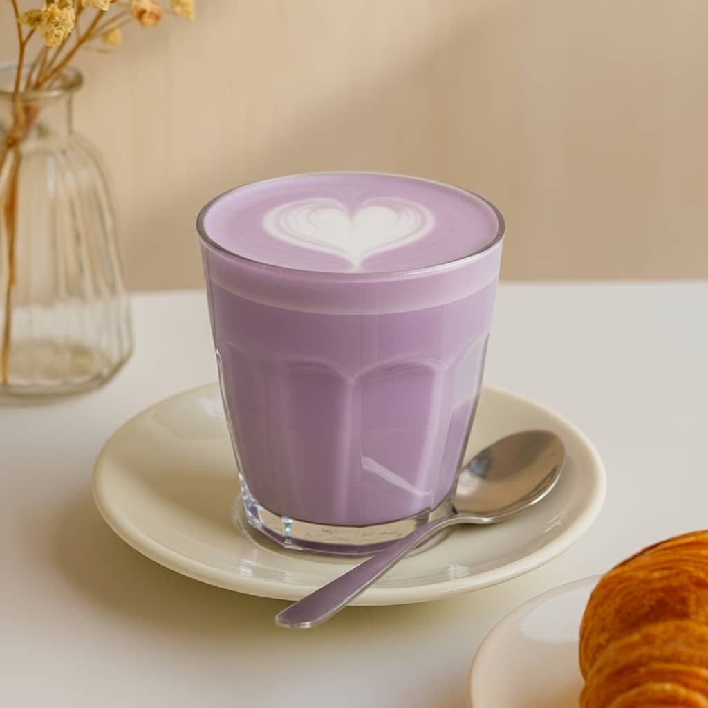 Préparation ube latte : poudre d'ube, lait et fouet pour boisson mauve - Domaine du Thé