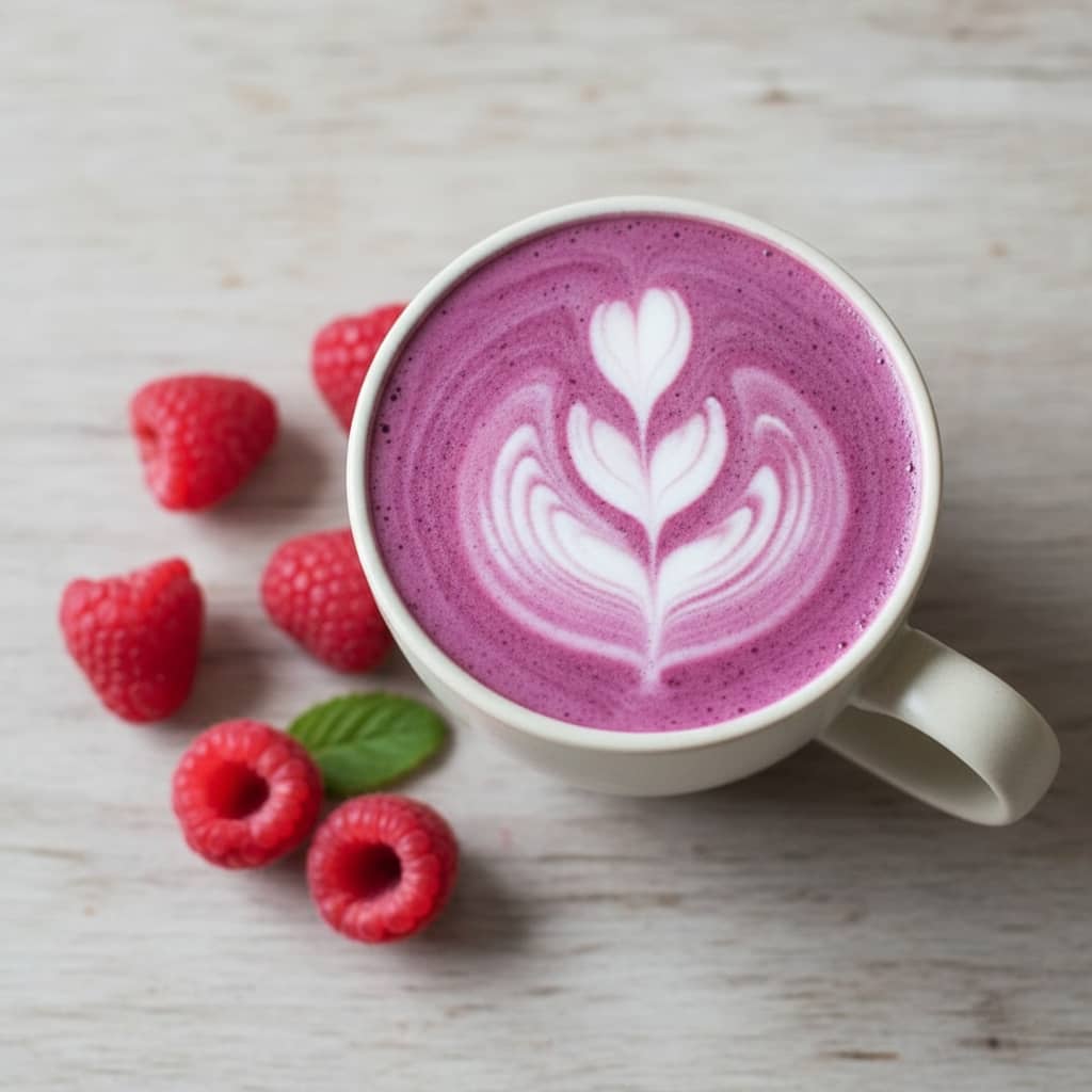 Recette ube latte framboise, latte violet fruité avec coulis - Domaine du Thé