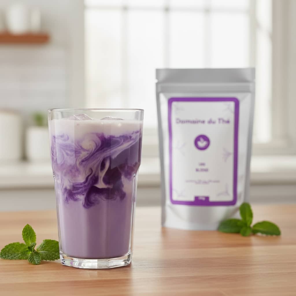 Ube latte blend maison violet avec mousse de lait, latte violet épais