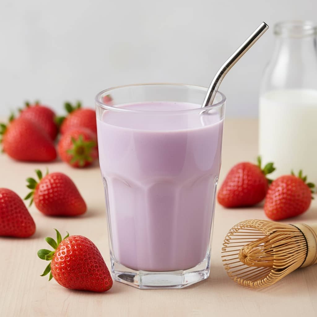 Recette d'ube latte fraise, boisson rose gourmande et healthy - Domaine du Thé