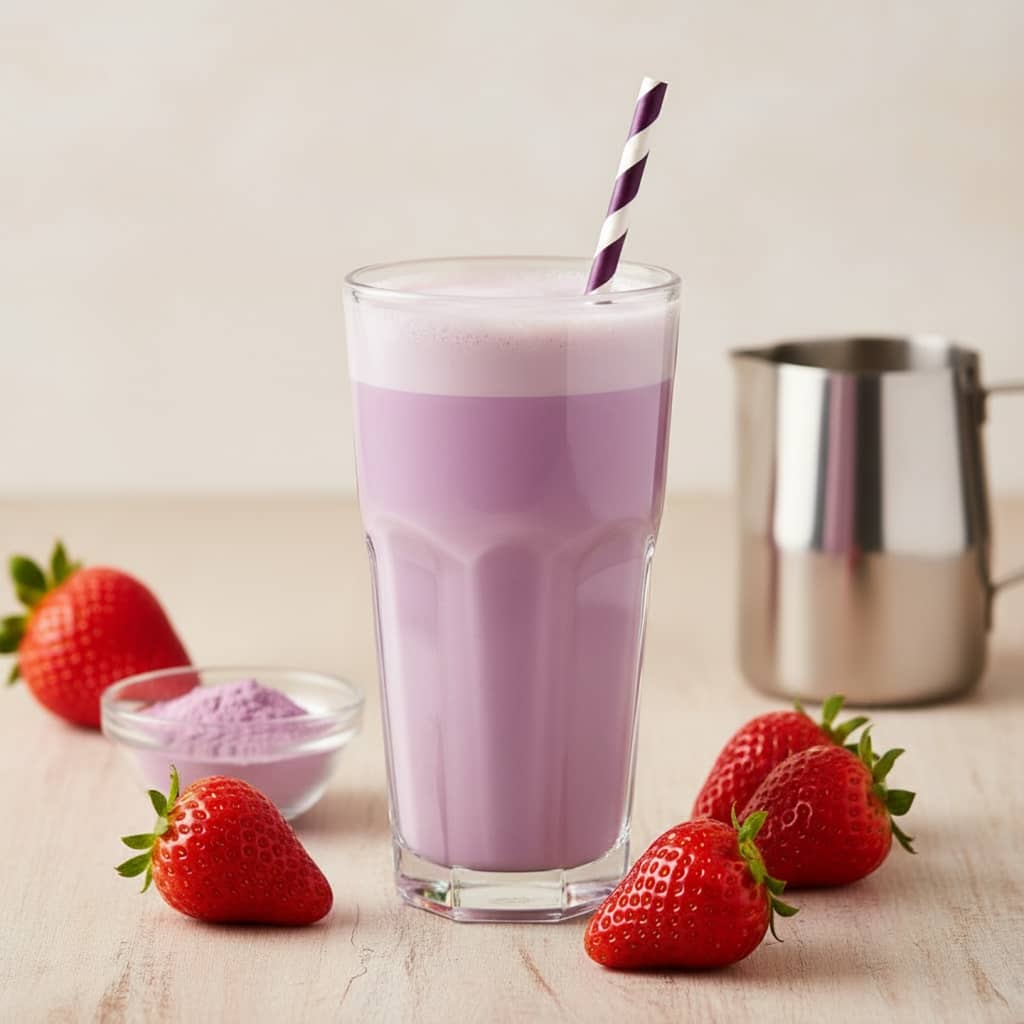 Ube latte à la fraise, latte rose crémeux et acidulé - Domaine du Thé