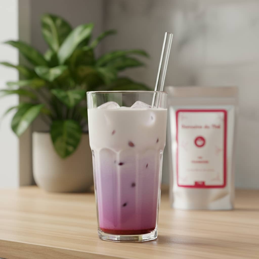 Latte ube framboise sur coulis de framboise, boisson violette douce et acidulée - Domaine du Thé