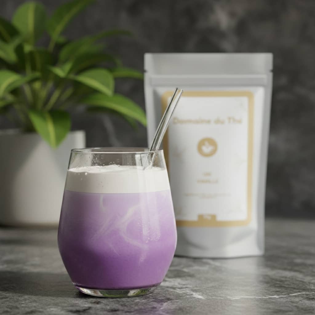 Latte ube vanille crémeux dans une tasse transparente, boisson violette tendance healthy - Domaine du Thé