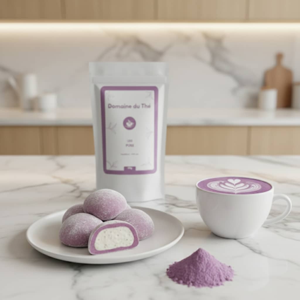 Ube latte violet à la crème, boisson tendance healthy lifestyle