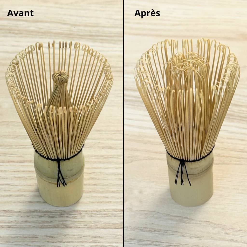 Utilisation du fouet en bambou pour battre le matcha et obtenir une mousse - Domaine du Thé